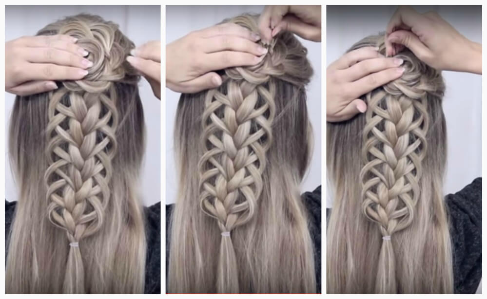  Openwork pigtail with a flower step by step