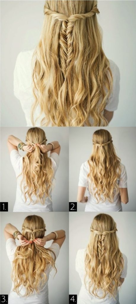 (+165 photos) Pigtail headband with loose hair (step by step photo instructions)