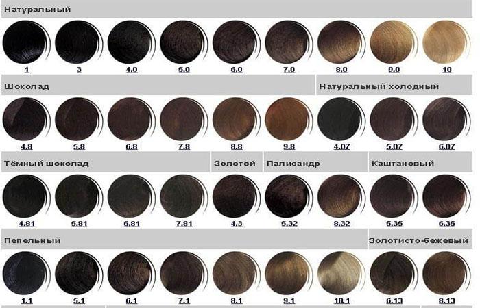 A complete palette of kapous hair colors by numbers with examples of names and photos